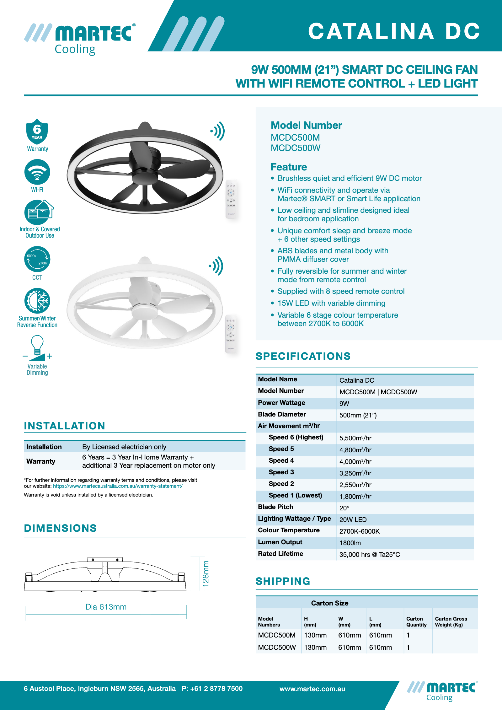 Catalina DC 21″ Smart Ceiling Fan With Remote Control + LED Light