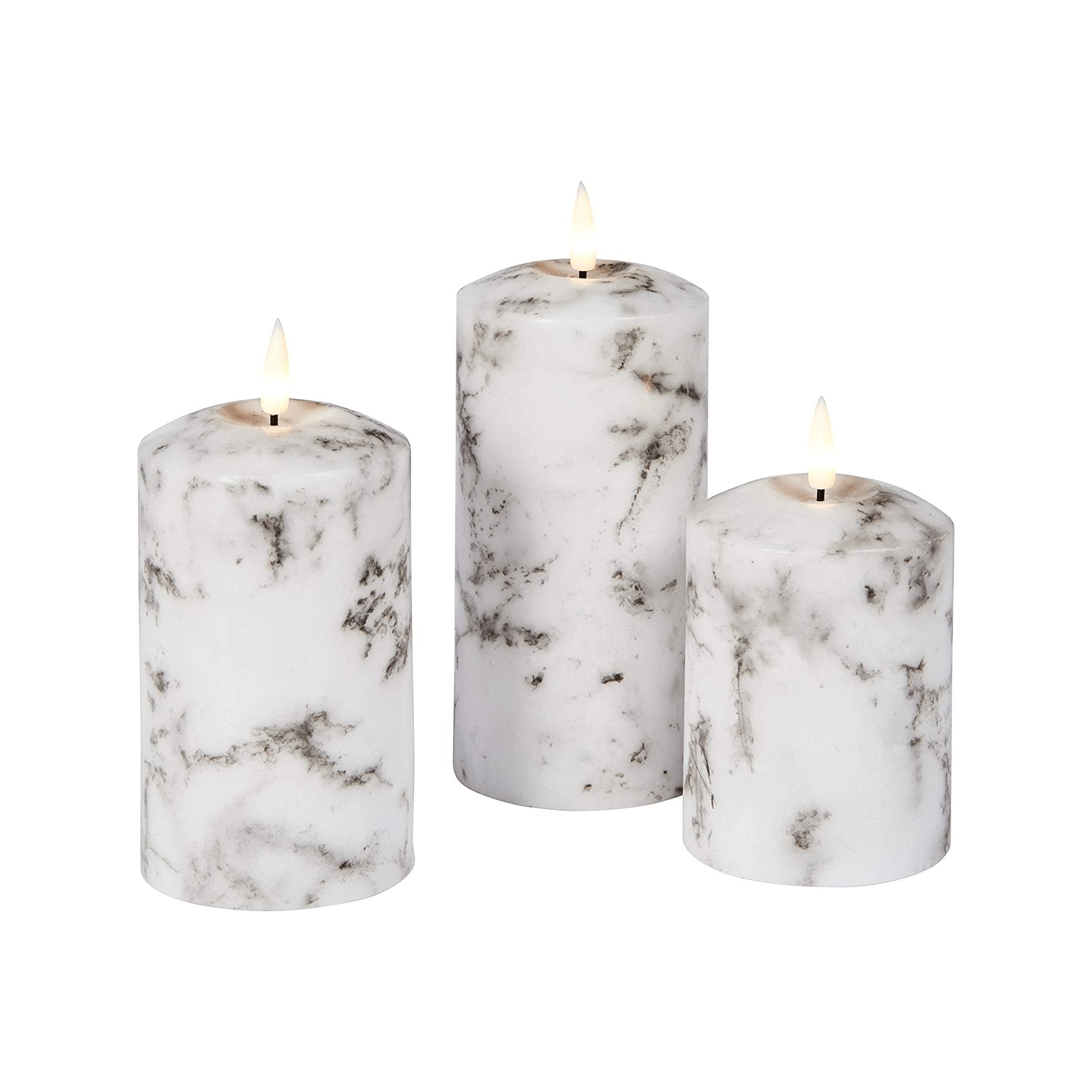 Set of 2 LED Marble Effect Wax Pillar Candles - 3 Size Options-Christmas Table Decoration&Candle-Lexi Lighting