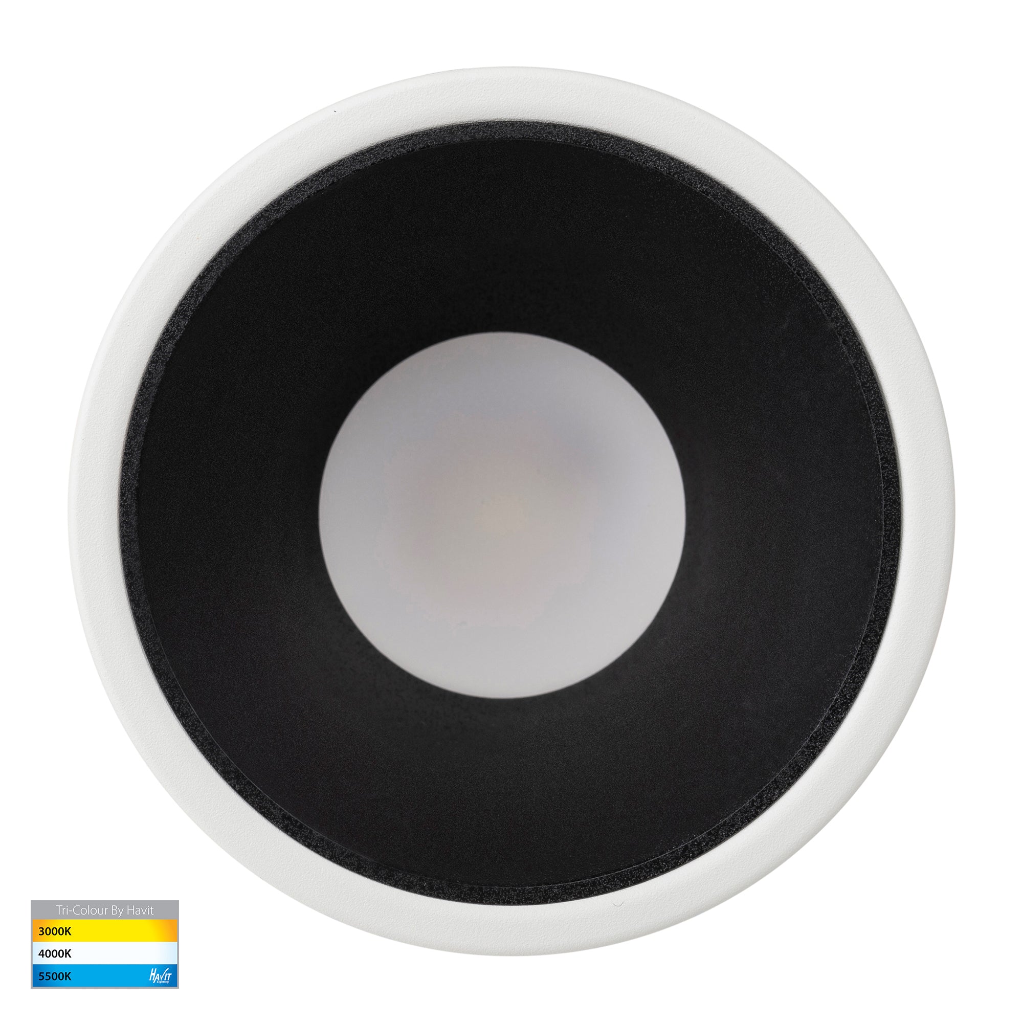HV5528T-WB - Gleam White with Black Insert Tri Colour Fixed Deep LED Downlight