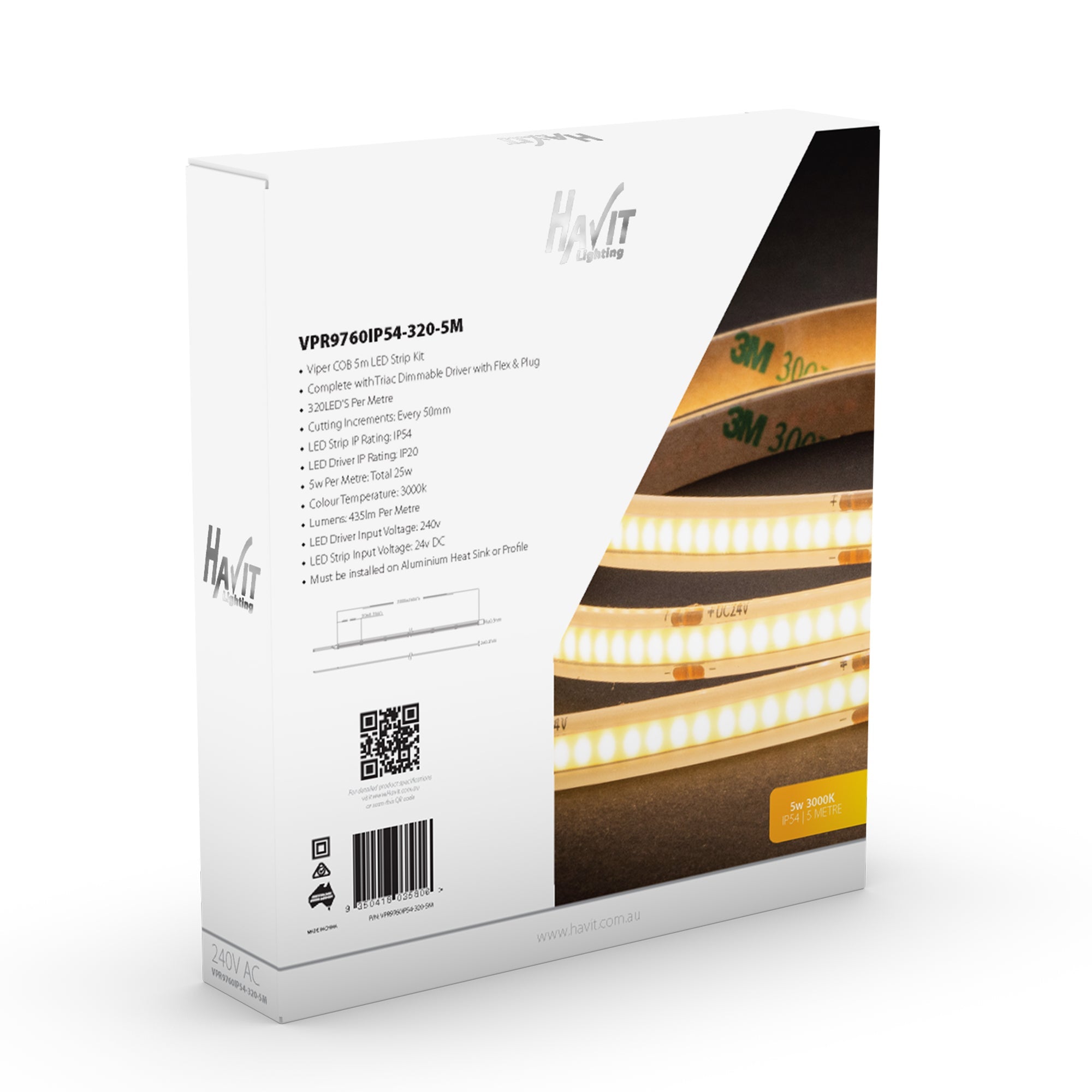 VPR9760IP54-320-5M - Viper COB 5w Per Metre 5m LED Strip kit 3000k