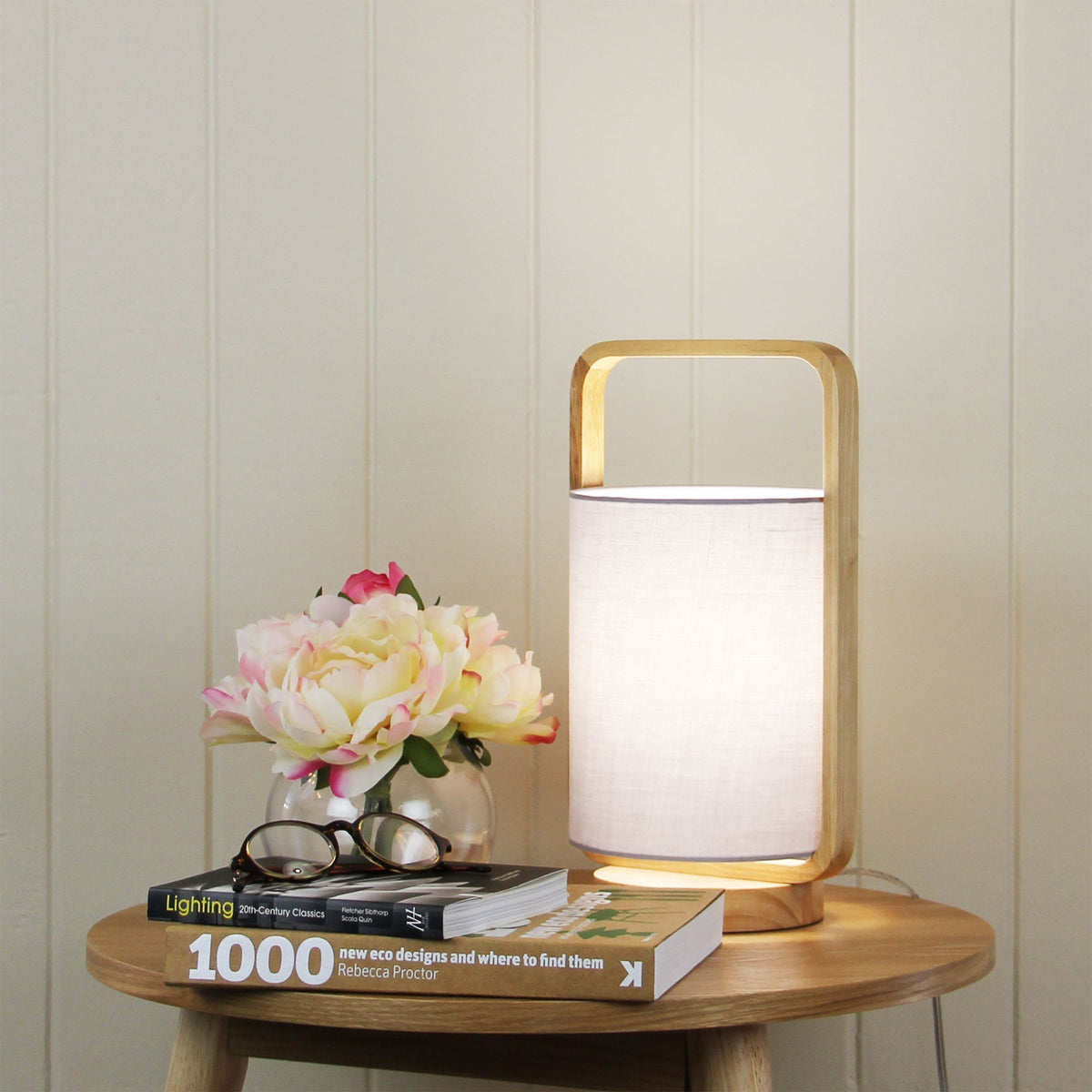 Lucia Table Lamp Wood and Grey Shade