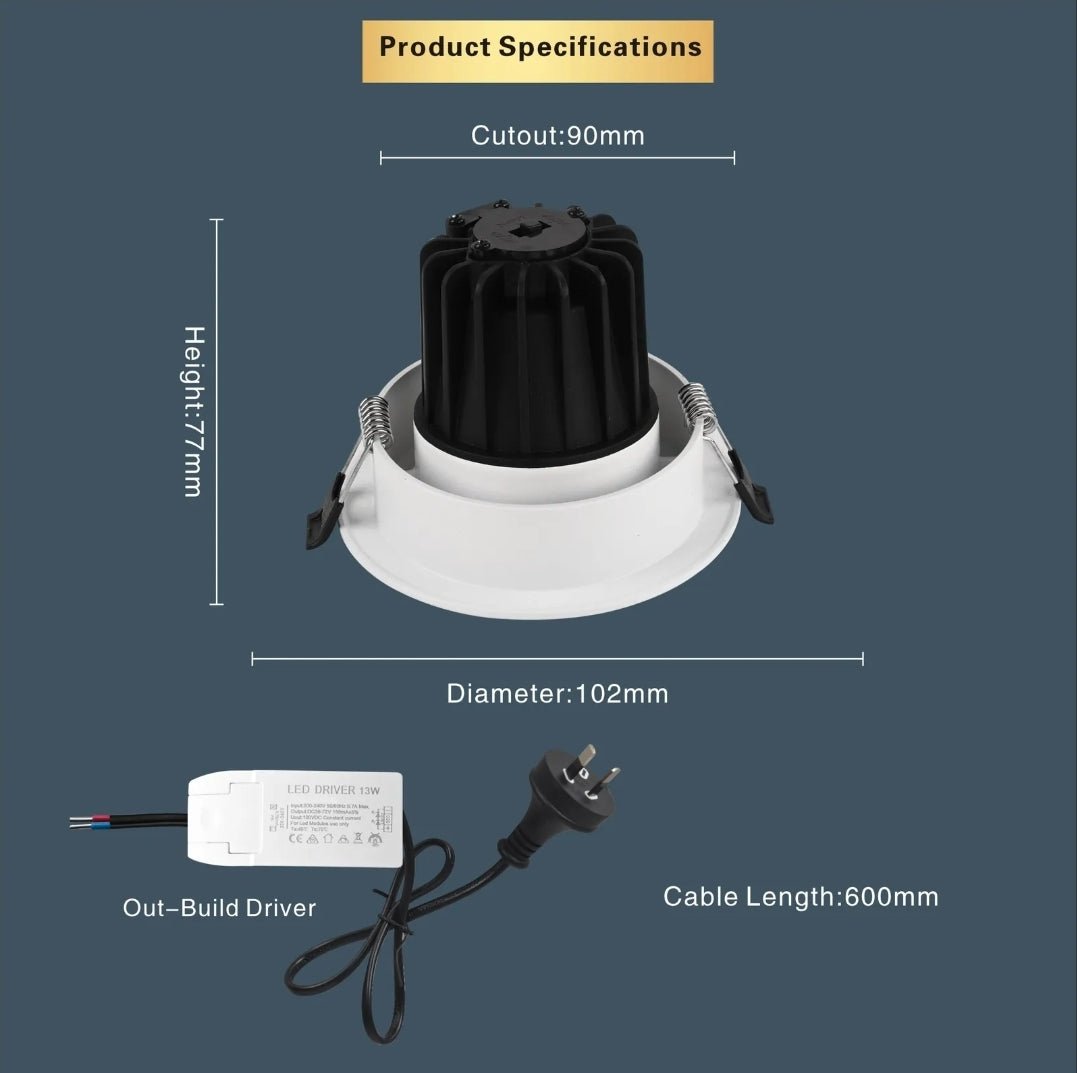 EYRE 13W Tri-Colour Dimmable COB Low-glare Tiltable LED Downlight 90mm Cut Out-LED Downlight-Eclux