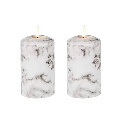 Set of 2 LED Marble Effect Wax Pillar Candles - 3 Size Options-Christmas Table Decoration&Candle-Lexi Lighting
