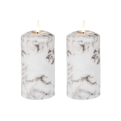 Set of 2 LED Marble Effect Wax Pillar Candles - 3 Size Options-Christmas Table Decoration&Candle-Lexi Lighting
