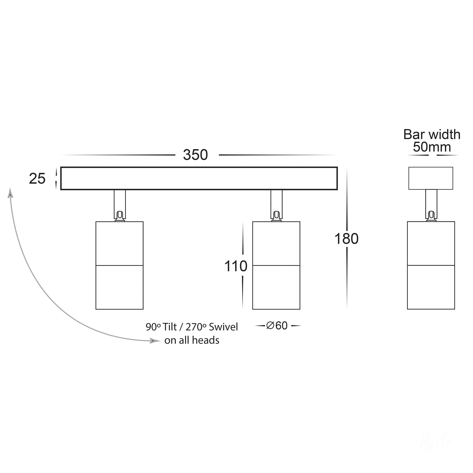 HV4001T-2-TTM - Tivah Titanium Aluminium 2 Light TRI Colour LED Bar Lights